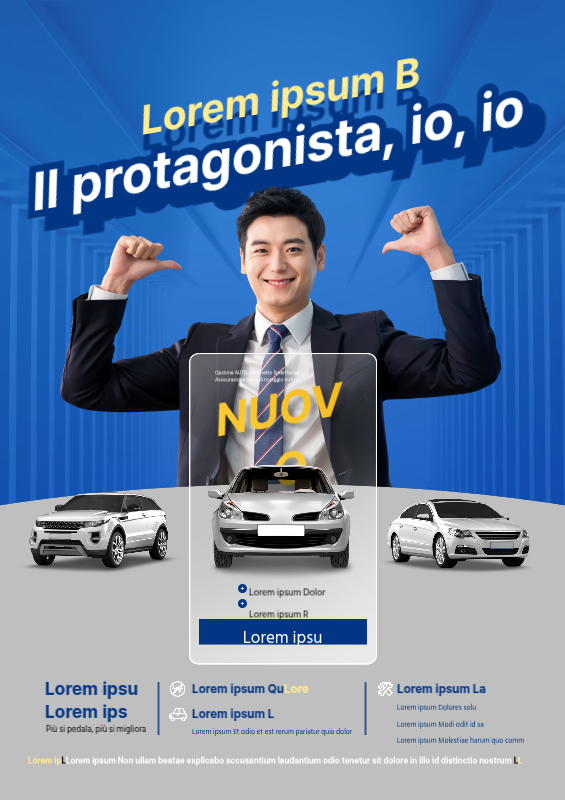 Elegante volantino promozionale blu e grigio per una società di noleggio auto a lungo termine
