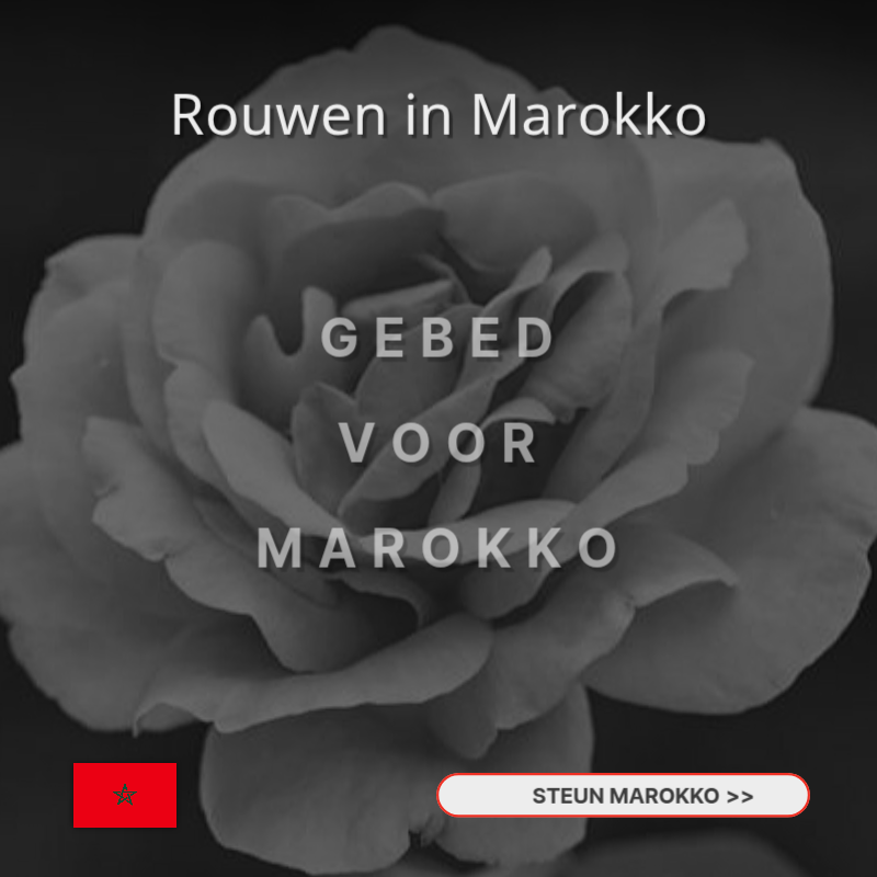 Fondsenwerving en eerbetoon aan de slachtoffers van de aardbeving in Marokko in basic zwart en rood.