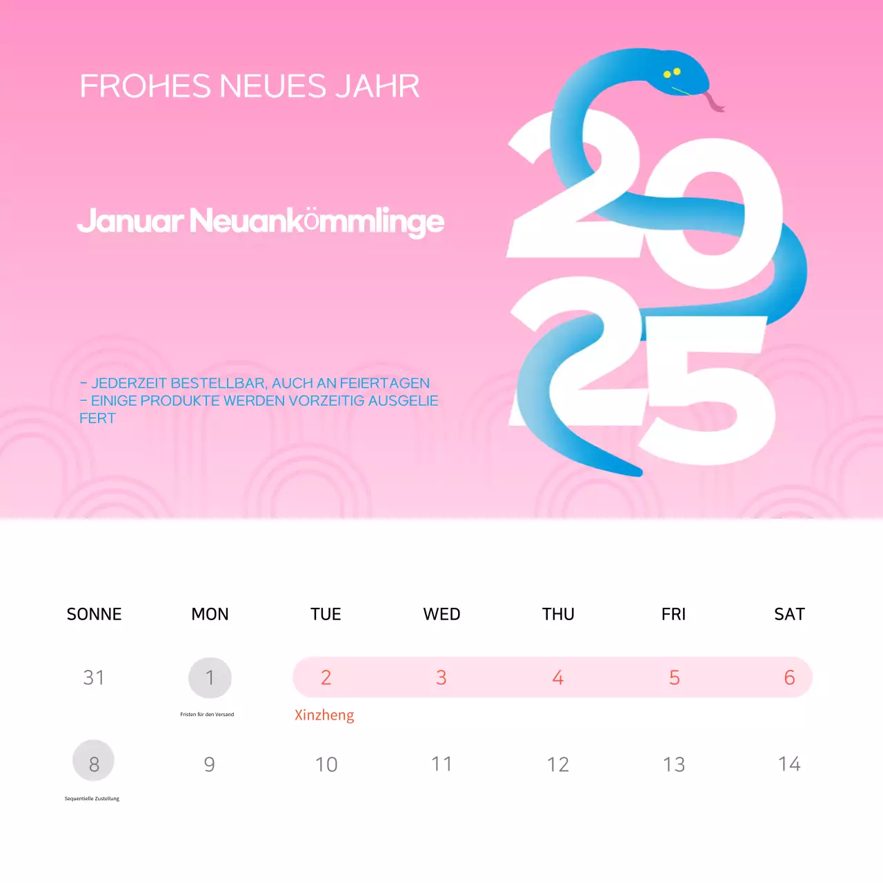 Eine hübsche Anzeige für das Neujahrsfest in Hellblau und Gelb