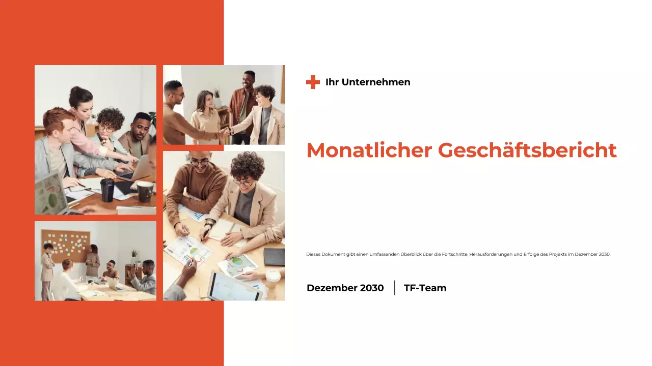 Präsentation des monatlichen Rückblicksberichts in Weiß und Orange