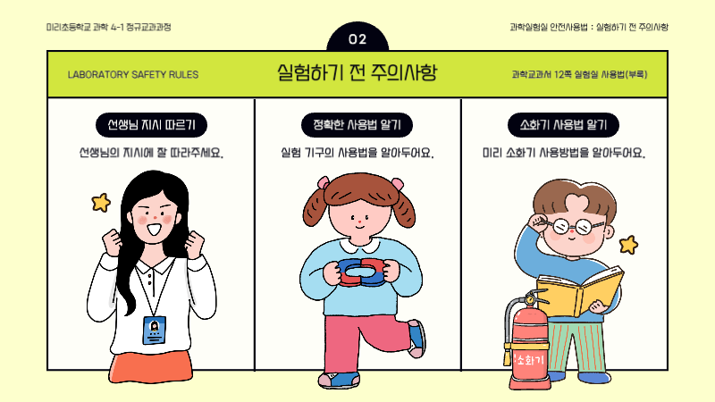 연두색과 노란색의 귀여운 과학실험실 안전 수칙