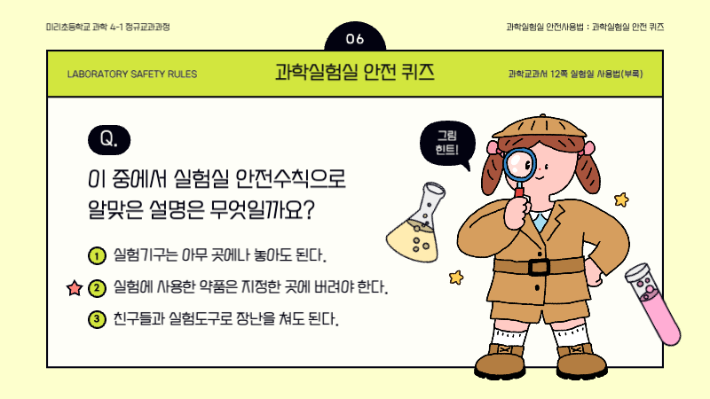 연두색과 노란색의 귀여운 과학실험실 안전 수칙