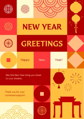 Red Traditional New Year Greetings Card Poster