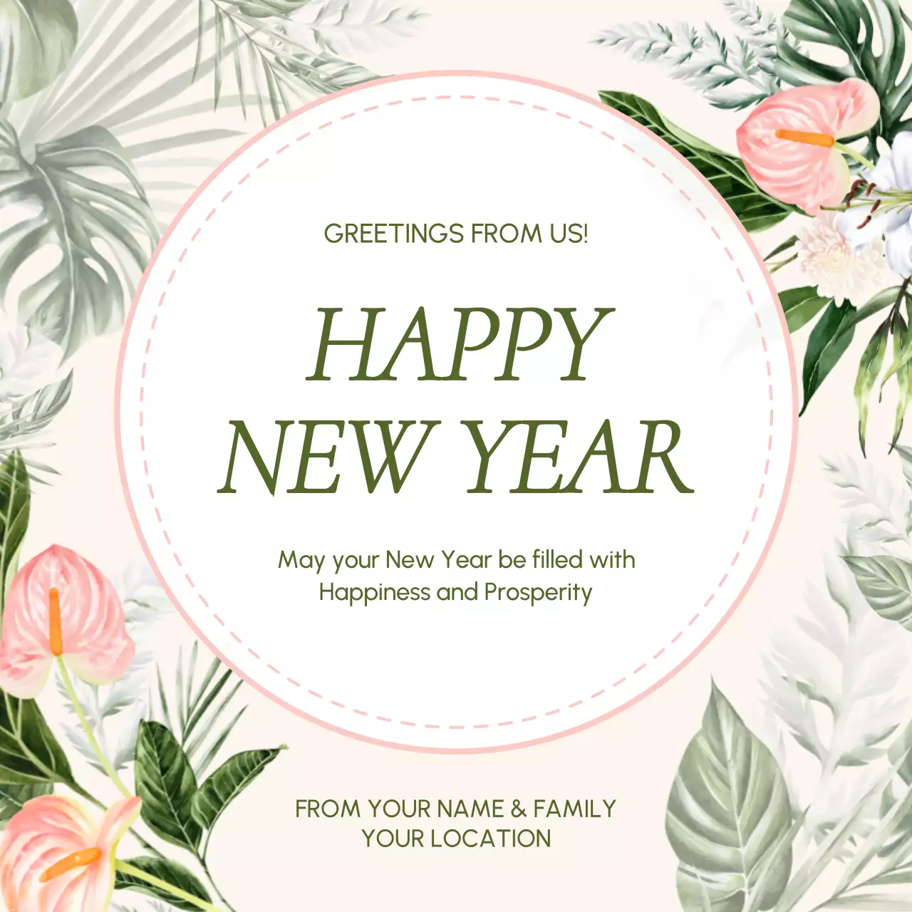 Beige Floral New Year Card Social Media Post
