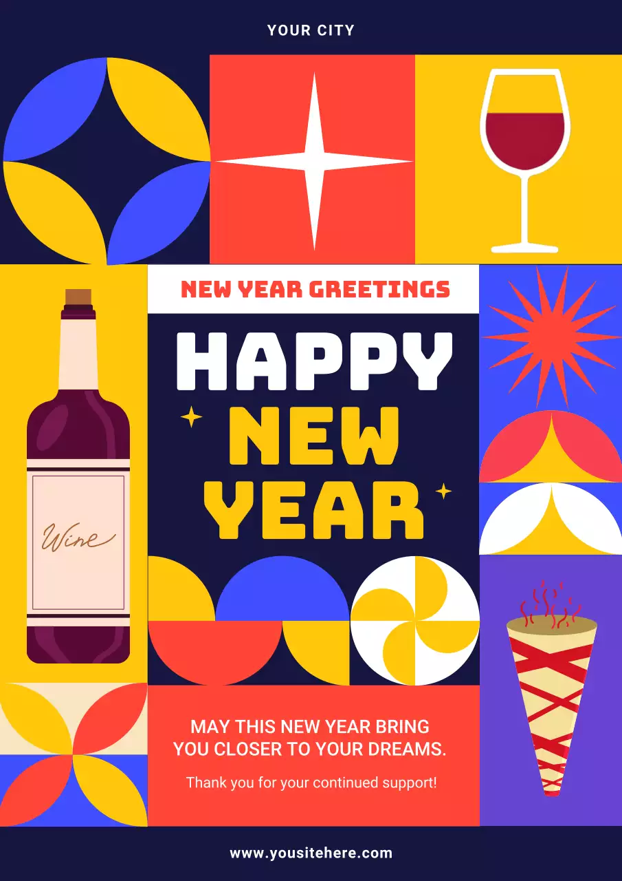 Colorful Retro New Year Greetings Card Poster