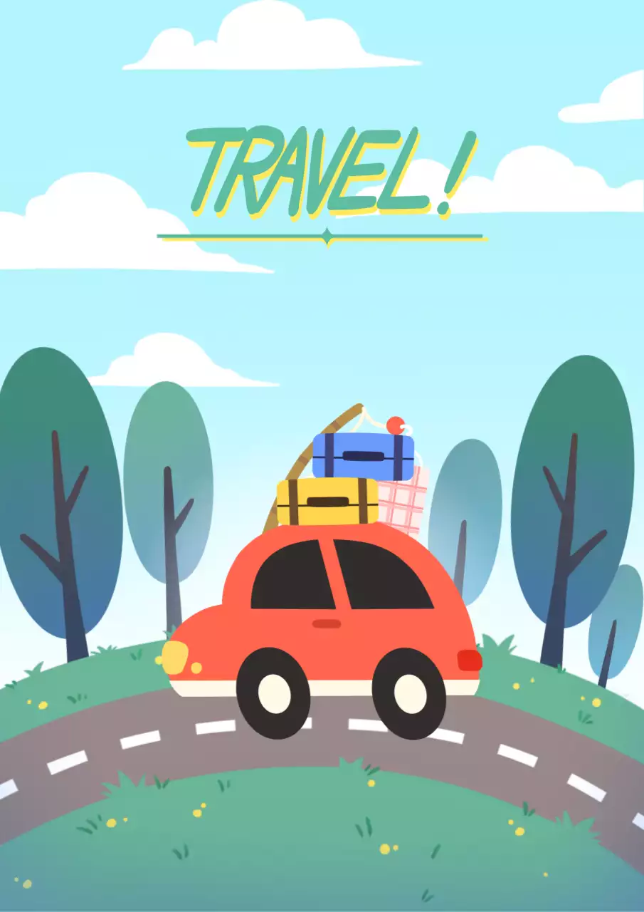귀여운 일러스트의 자동차 여행