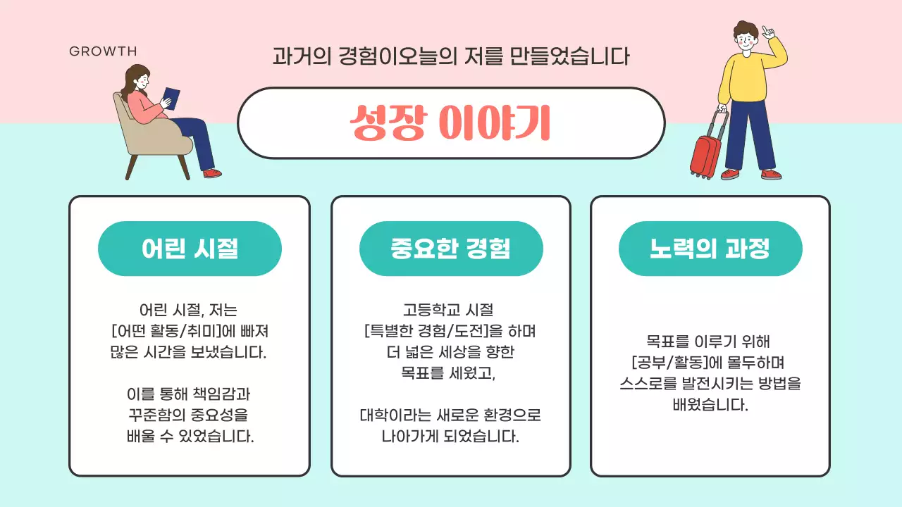 대학생을 위한 피치와 민트 컬러의 아기자기한 자기소개