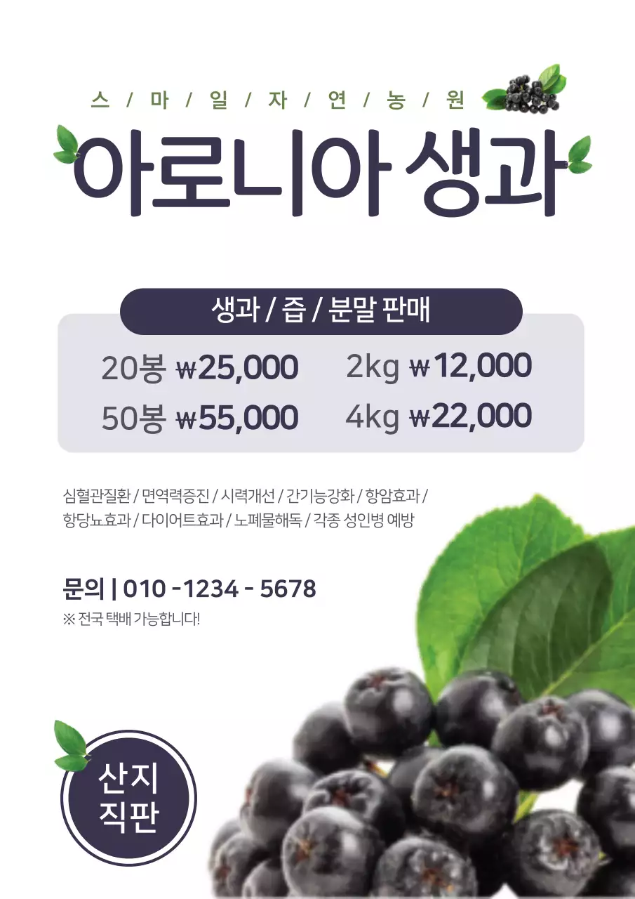 보라색의 블루베리와 잎의 사진이 있는 깔끔한 블루베리 배송 판매 홍보용