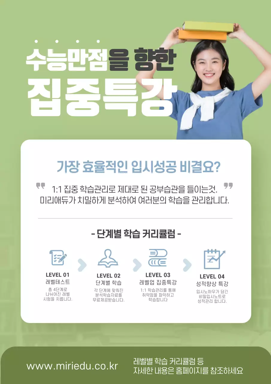 파란색과 녹색의 아이콘이 있는 깔끔한 학원의 성적향상 커리큘럼 소개