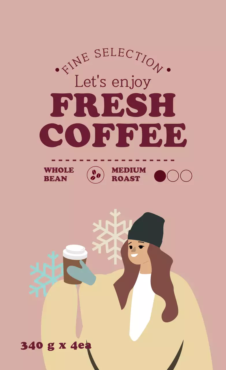 자주 핑크 일러스트 커피 원두 포장 라벨