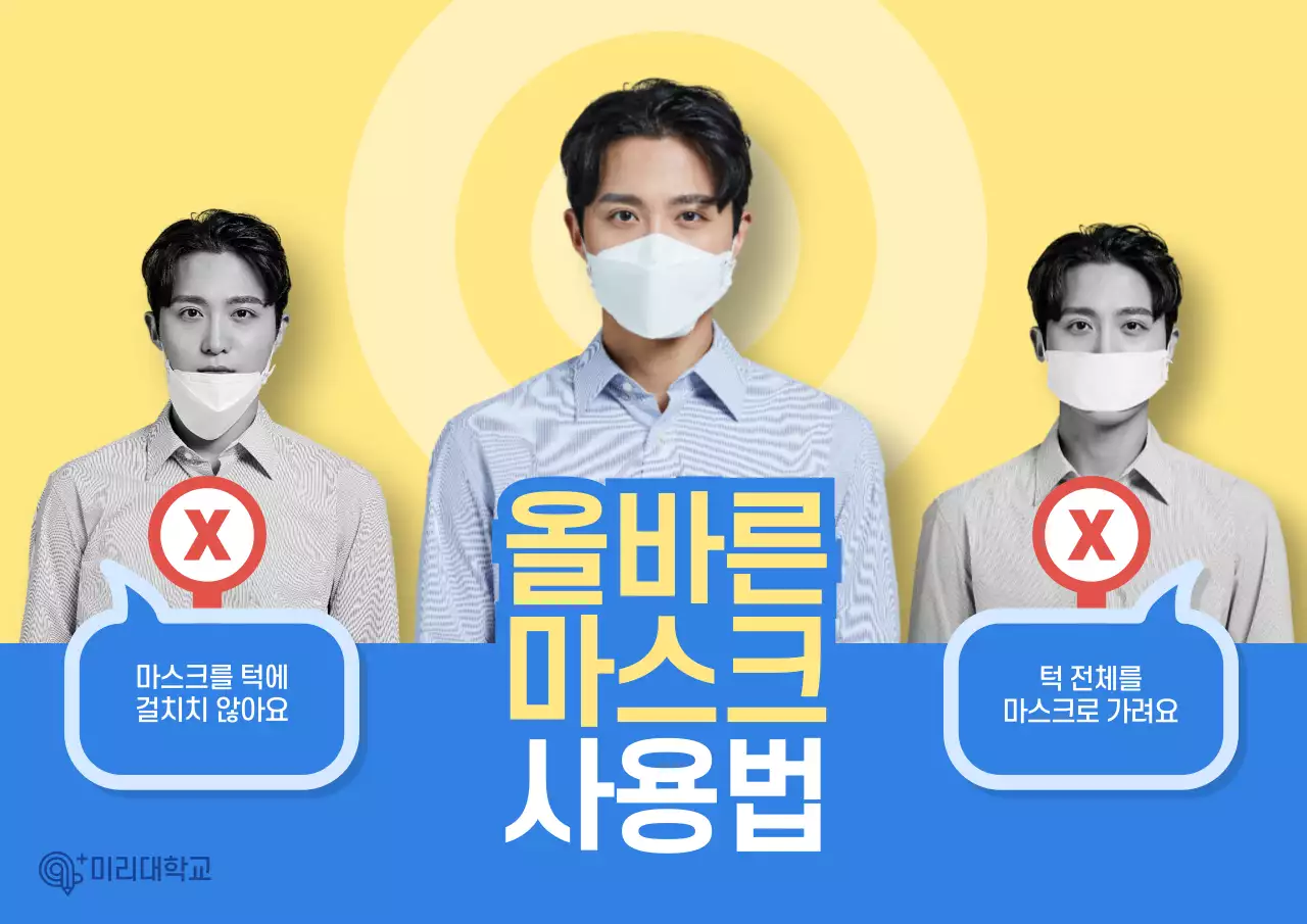 노란색 파란색 배경의 사람이미지가 들어간 코로나19 올바른 마스크 착용범 안내 포스터