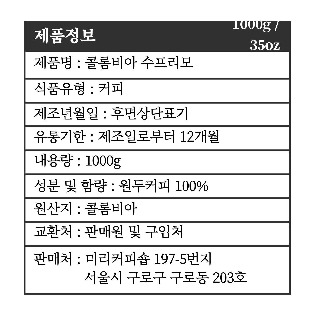 검은색 깔끔한 카페 커피 상세표기