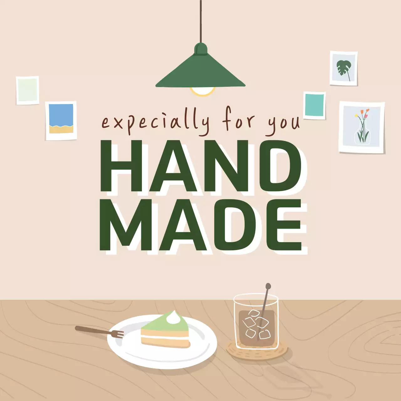 녹색 베이지 일러스트 모던한 인테리어 홈카페 이벤트 홍보