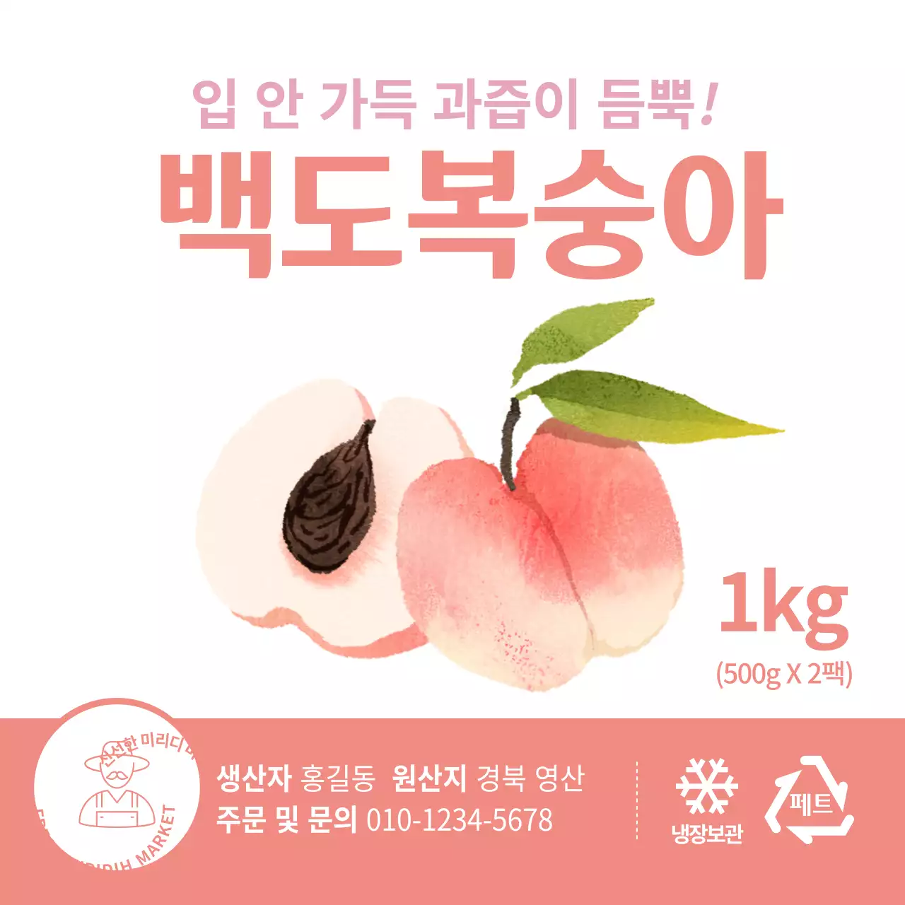 컬러별 여름 농산물 복숭아 일러스트 심플 정사각 스티커