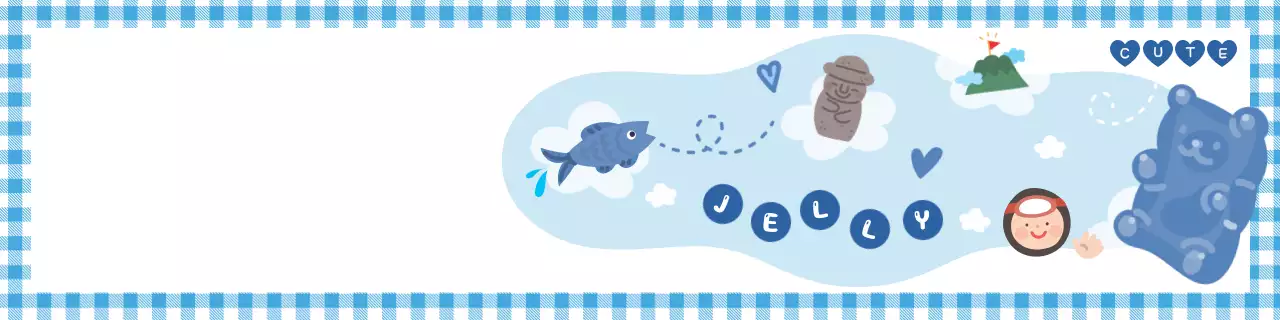 빨강색과 노란색과 파란색의 귀여운 캐릭터 일러스트와 체크 패턴이 있는 귀여운 배너