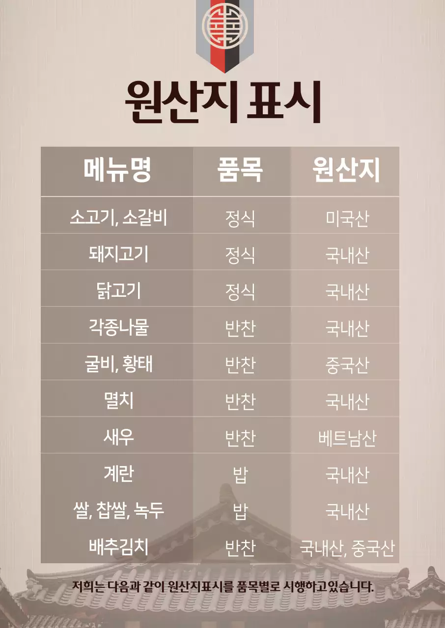갈색 사진강조 전통적인 음식점 원산지 표시
