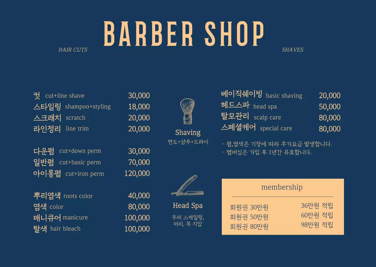 빈티지스타일의 바버샵 메뉴판