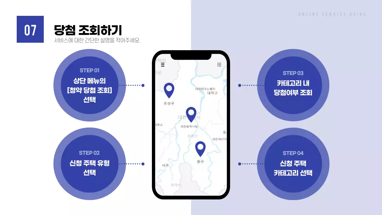 파란색 톤의 온라인 제품 서비스 가이드 프레젠테이션