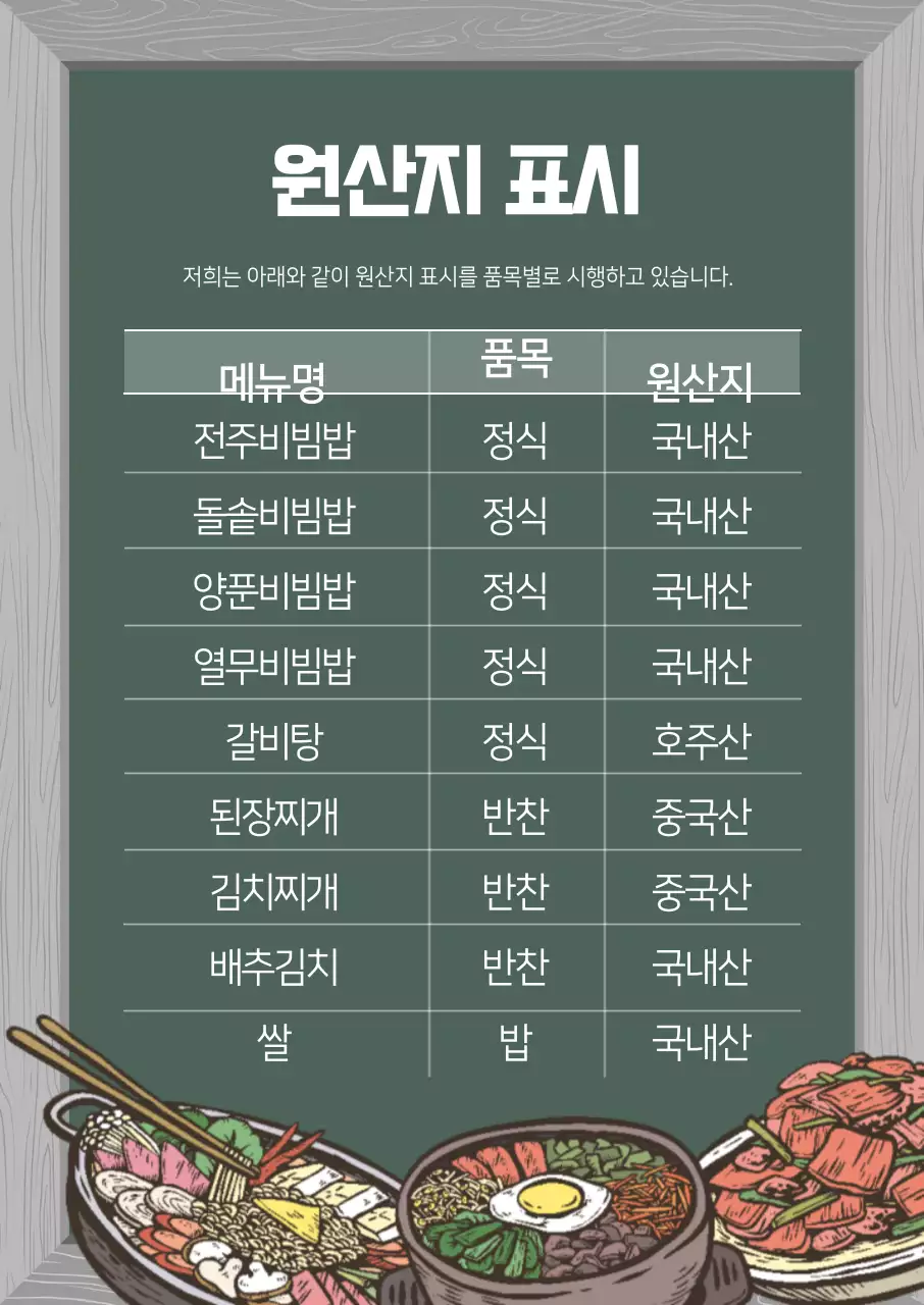 초록색 일러스트 빈티지한 음식점 원산지 표시