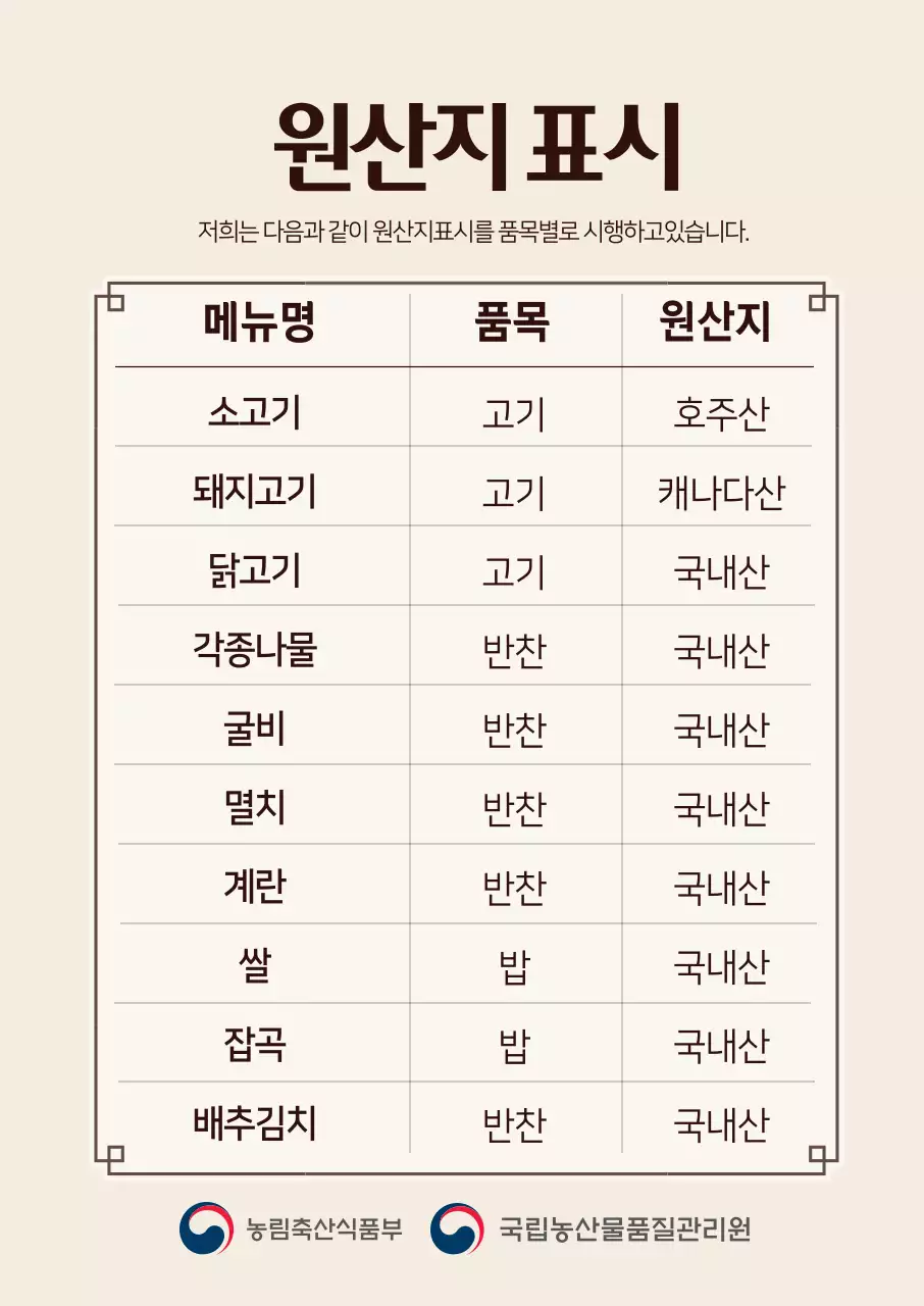 갈색 사진강조 전통적인 음식점 원산지 표시