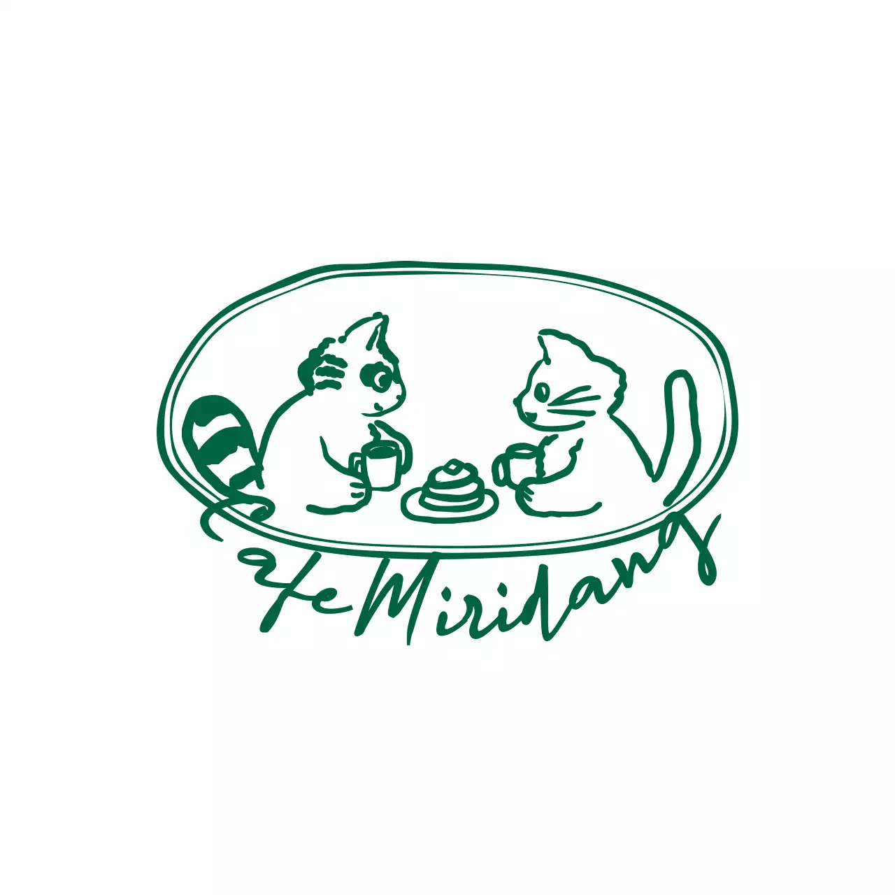 초록색의 귀여운 너구리와 고양이 티타임 일러스트 로고