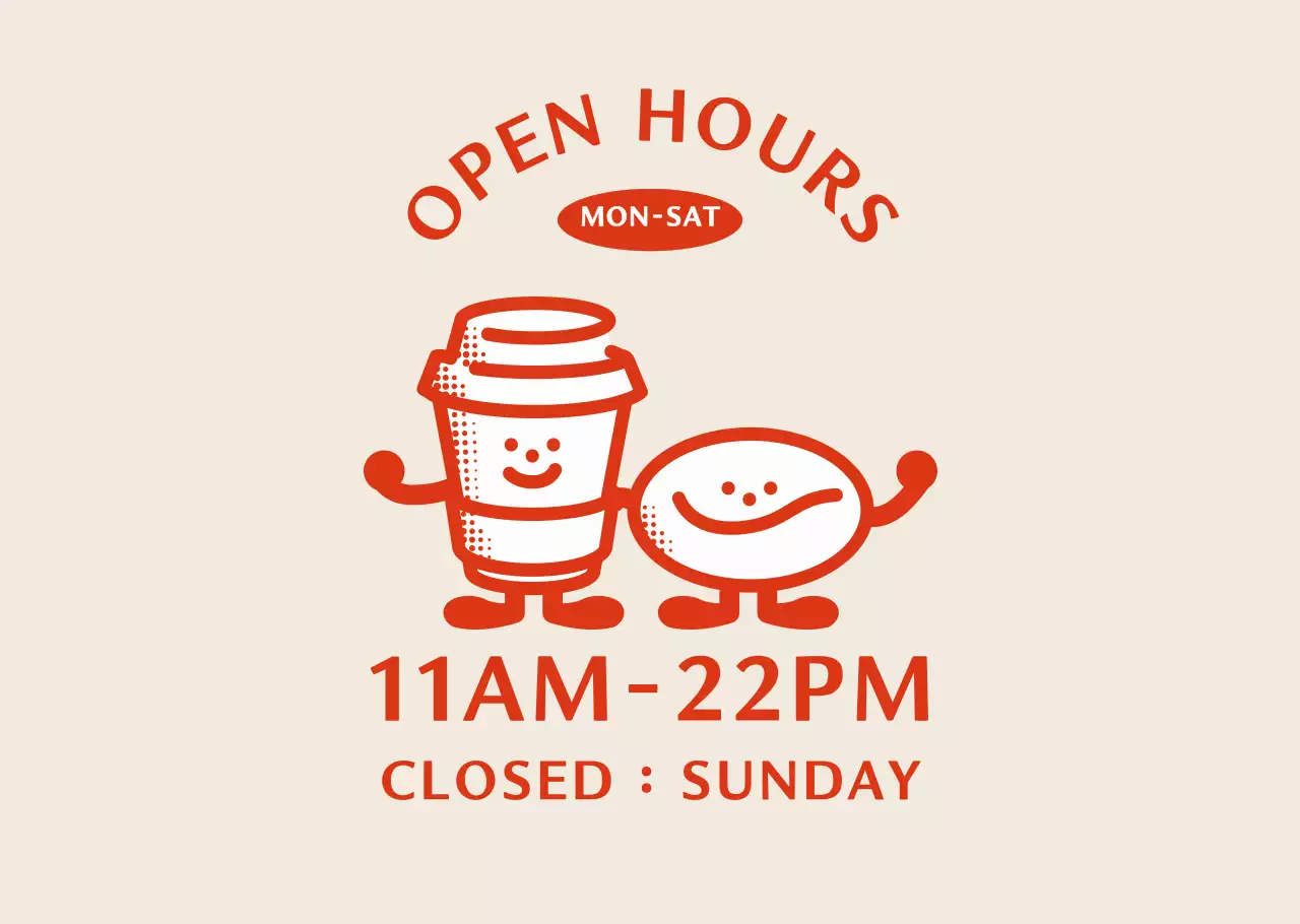 레드오렌지의 귀여운 커피캐릭터의 오픈 시간 안내