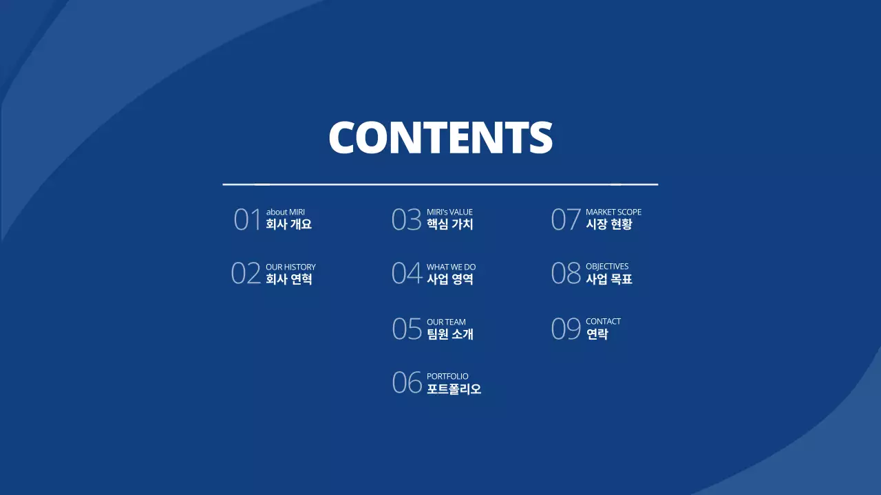 네이비 톤의 깔끔한 회사소개서