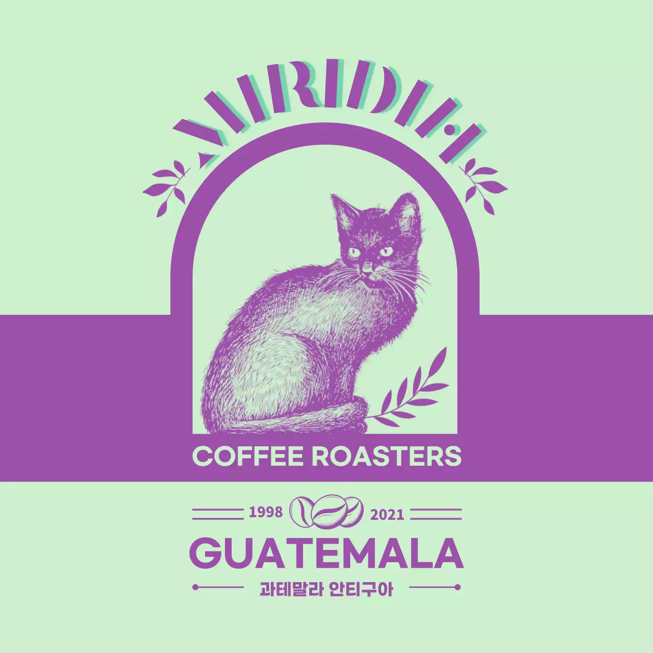 연두색과 보라색의 타이포 디자인이 돋보이는 커피 브랜드와 원두 안내3
