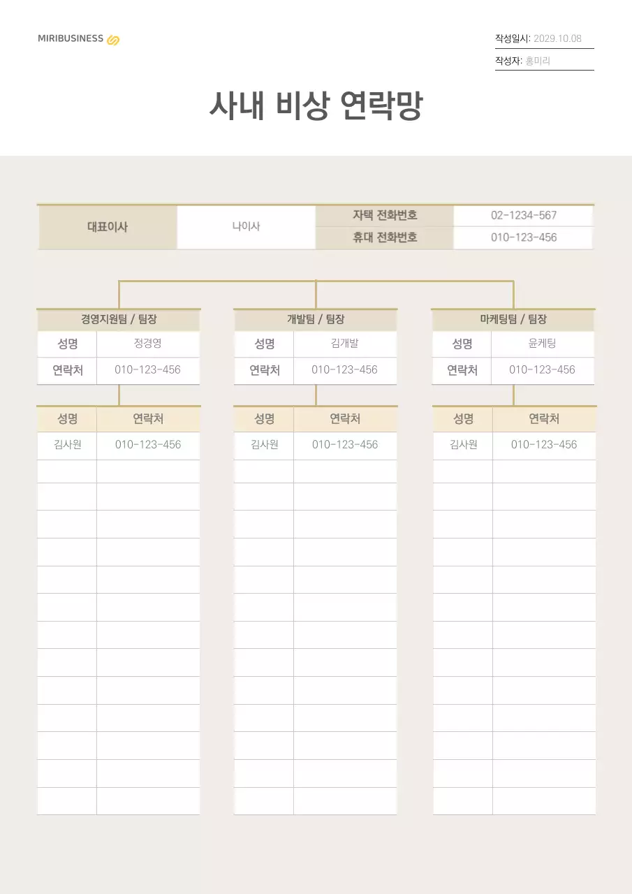 베이지의 조직도 컨셉의 비상 연락망