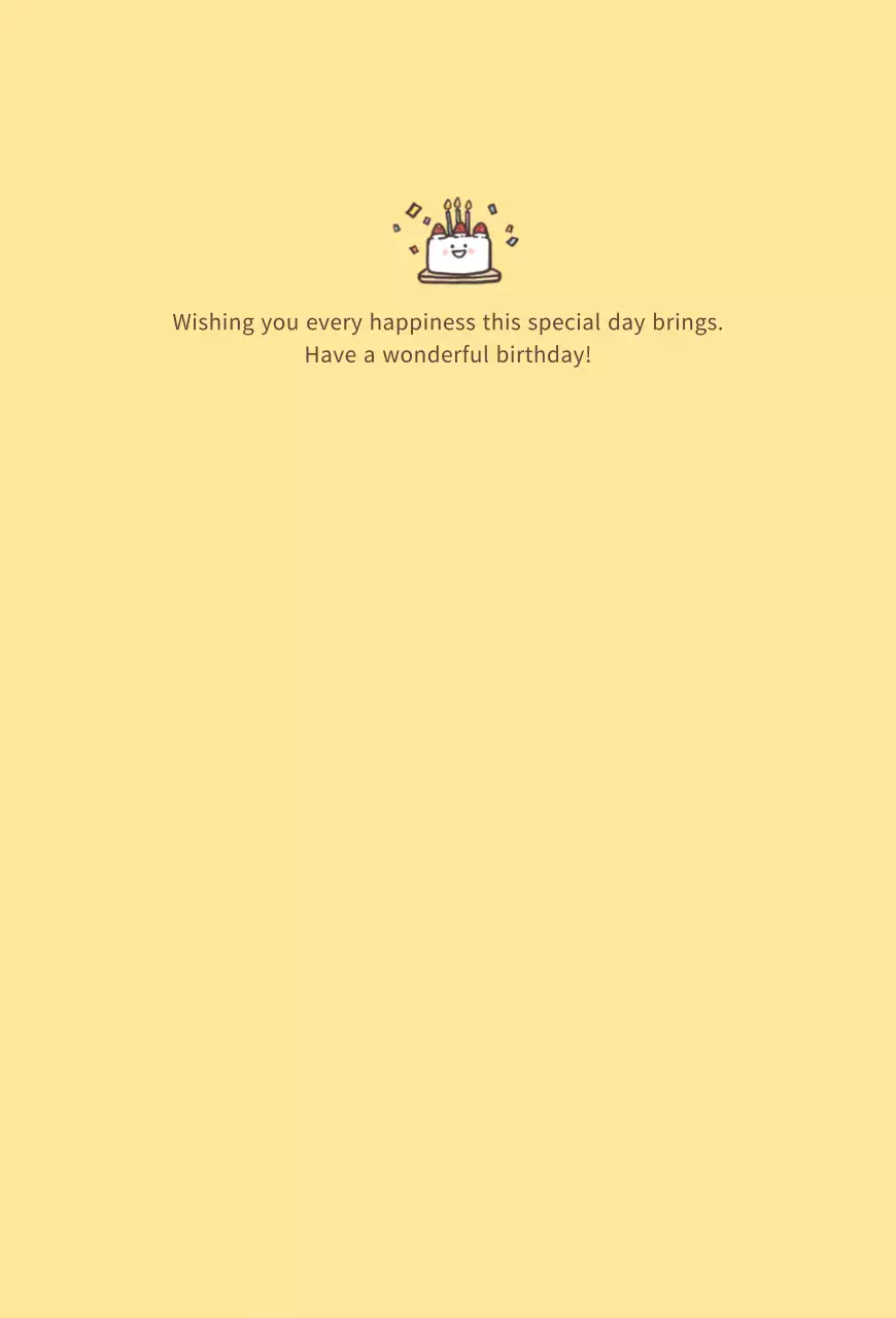 노란색의 귀여운 케이크 캐릭터 일러스트가 있는 심플한 생일카드