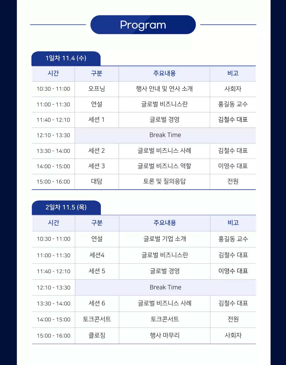 파란색의 글로벌 컨퍼런스 상세페이지