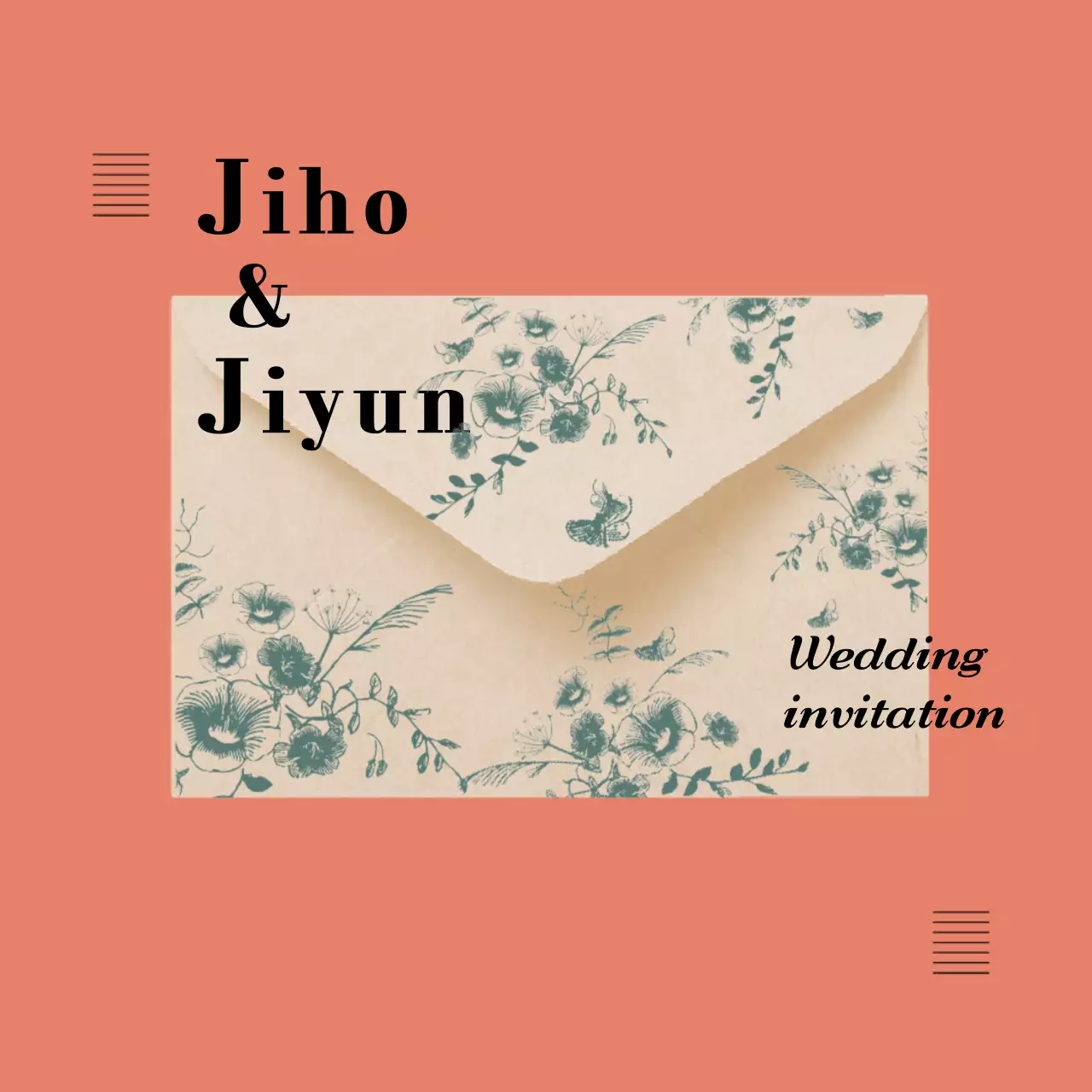 카드뉴스 형식의 오렌지색 웨딩 청첩장, 초대장