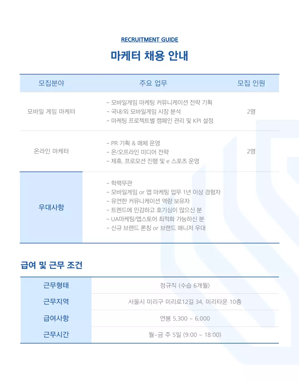 블루 그라데이션의 마케터 채용 공고