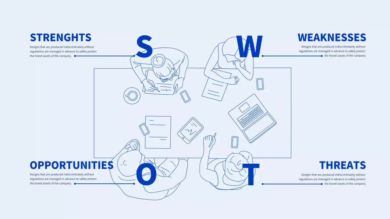 파란색과 하늘색의 라인 일러스트 형태의 SWOT 인포그래픽