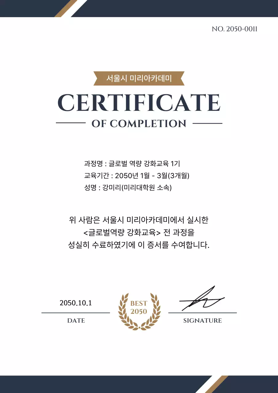 네이비와 골드 컬러의 고급스러운 느낌의 교육 수료증 문서
