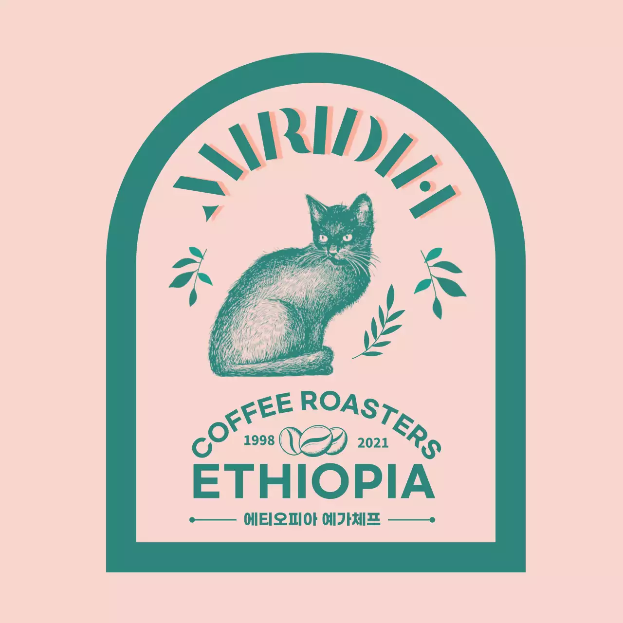 녹색과 분홍색의 타이포 디자인이 돋보이는 커피 브랜드와 원두 안내