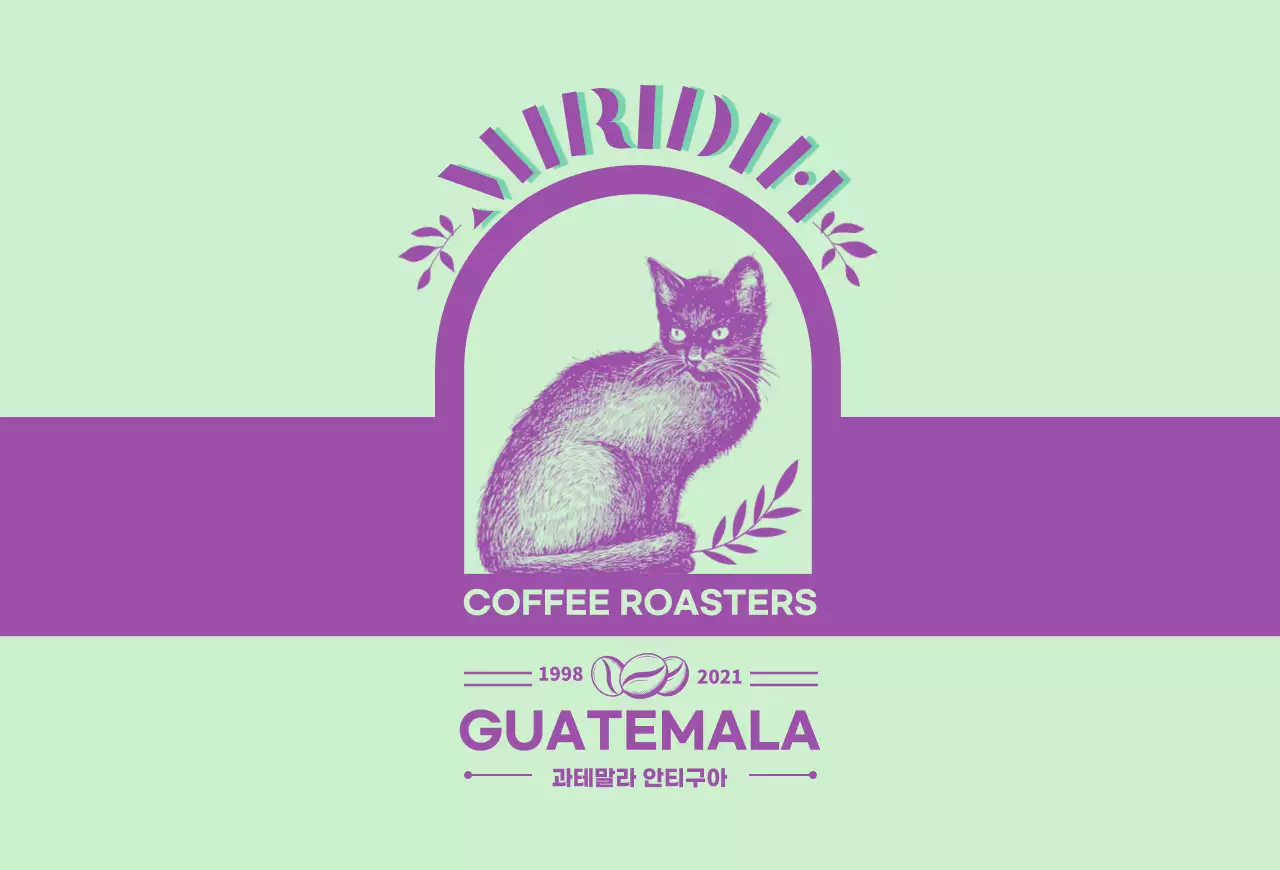 연두색과 보라색의 타이포 디자인이 돋보이는 커피 브랜드와 원두 안내3