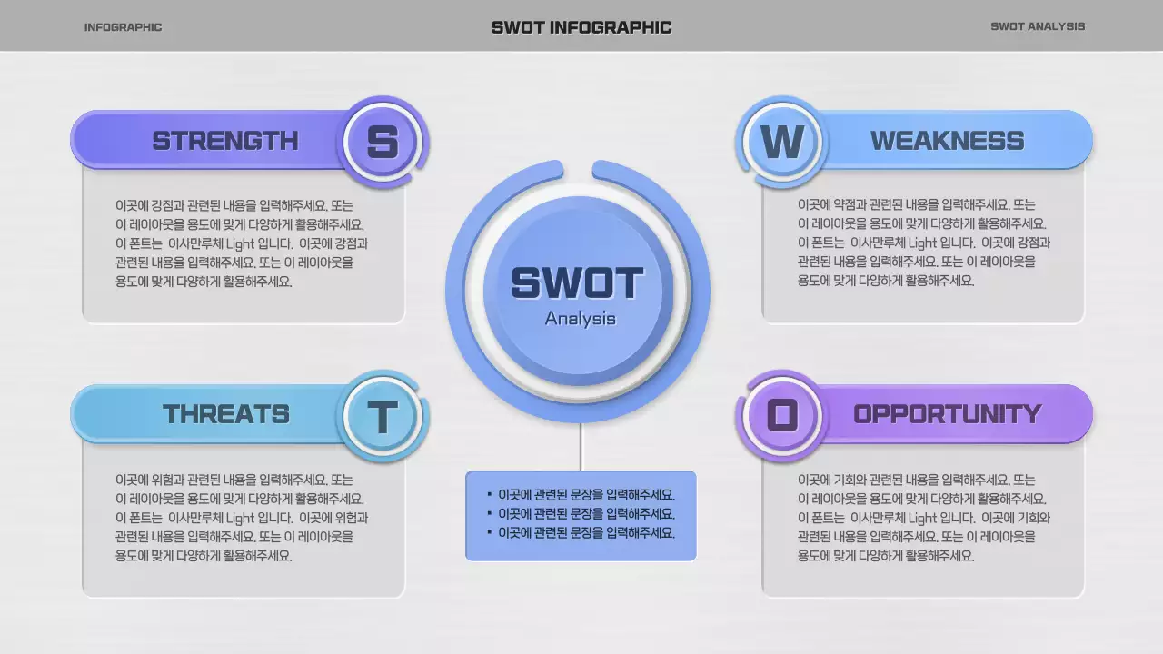 파랑색과 보라색의 심플한 컨셉 입체적인 swot 분석