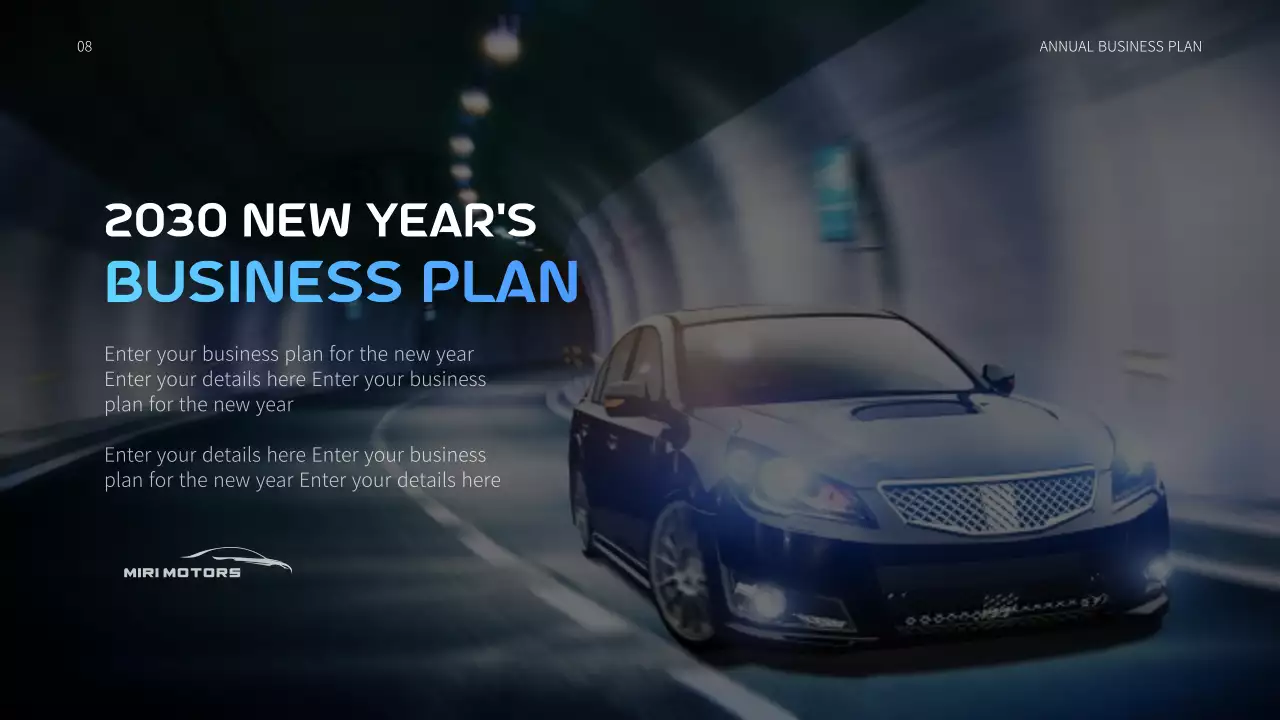 블루와 블랙의 움직이는 그래픽 컨셉의 자동차 연간사업계획서