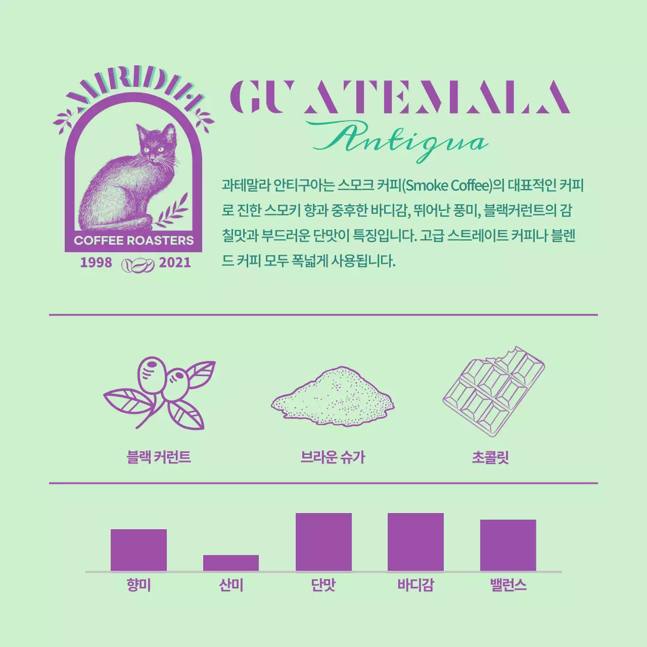 연두색과 보라색의 타이포 디자인이 돋보이는 커피 브랜드와 원두 안내3