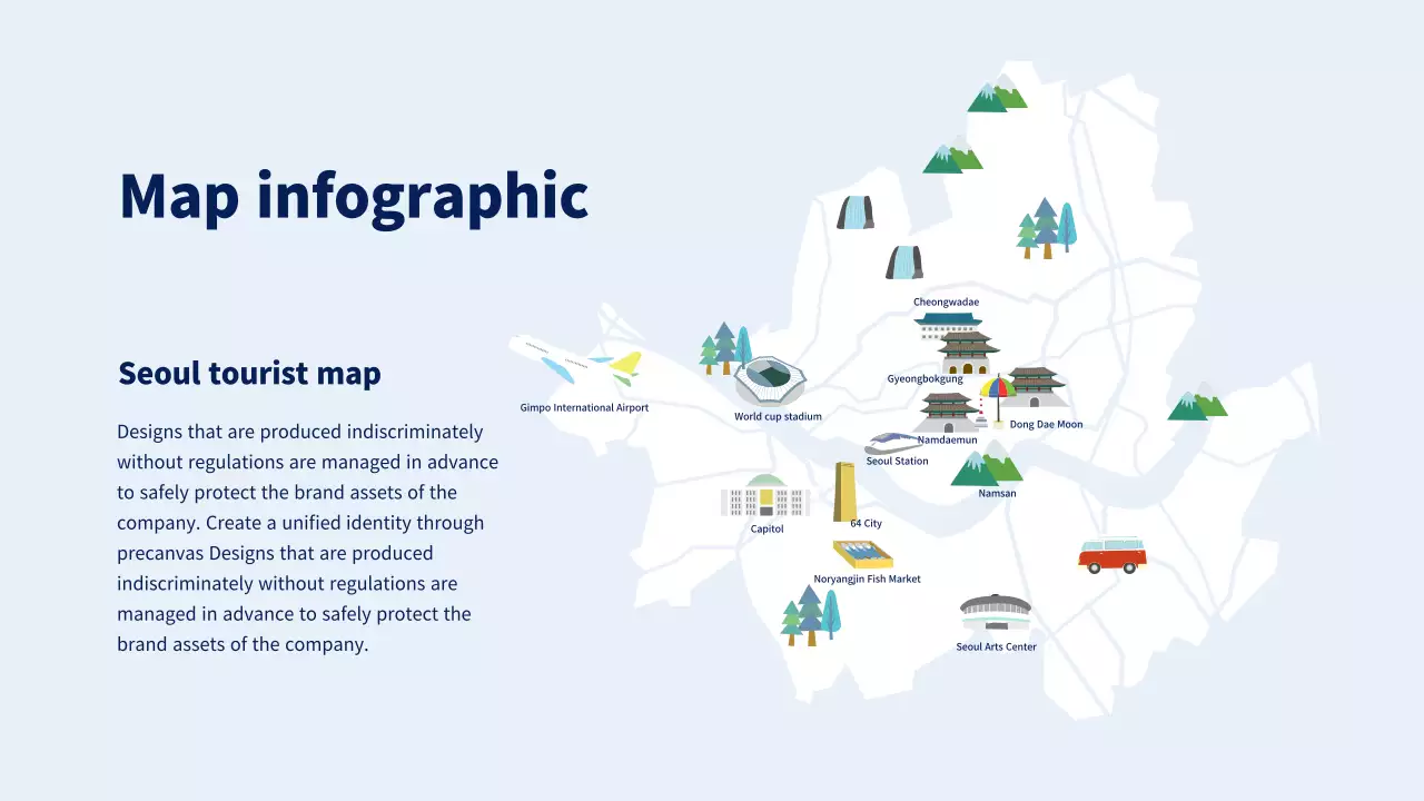 파란색과 하늘색의 서울 관광지도 일러스트 느낌의 지도 map 인포그래픽