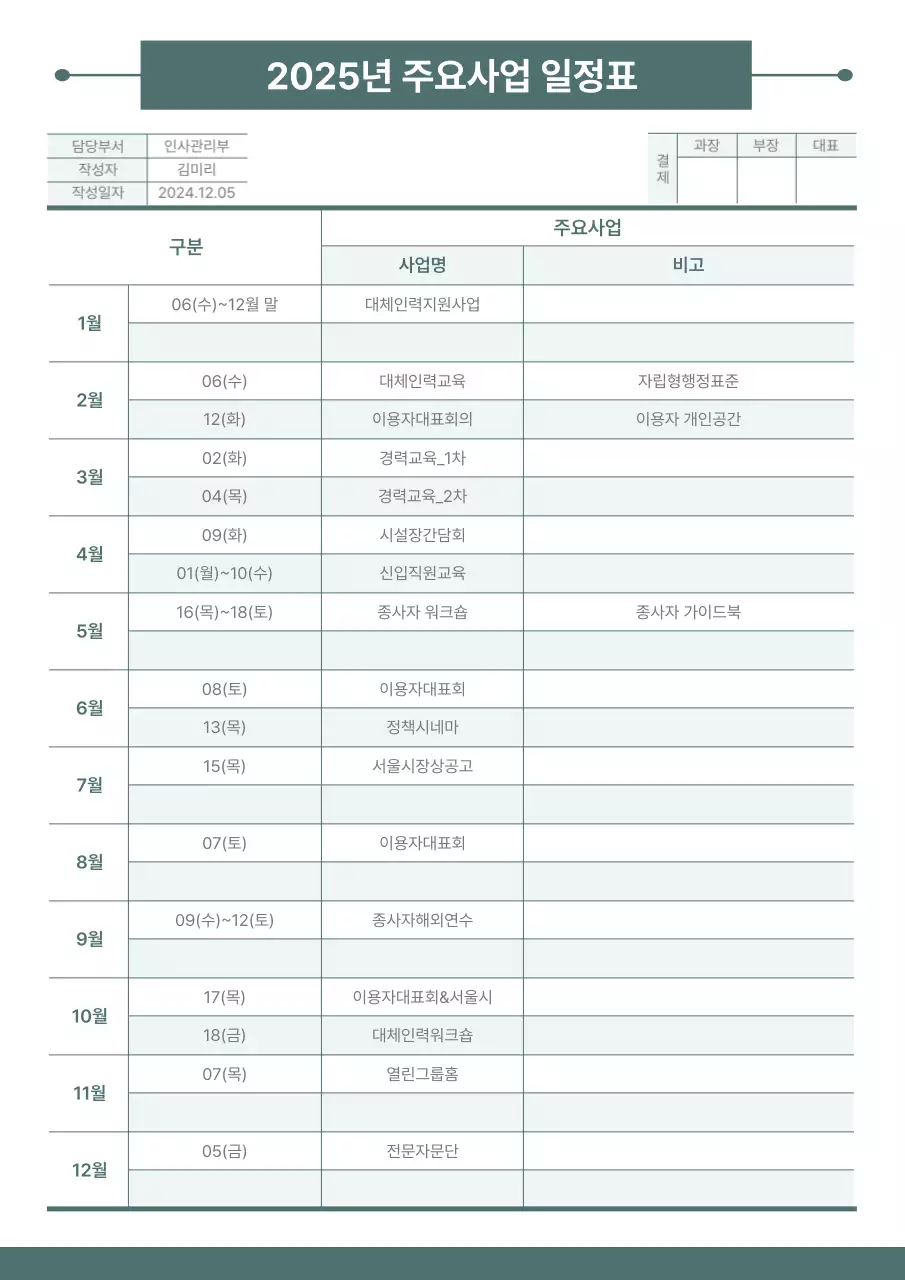 깔끔한 초록색의 주요사업일정표