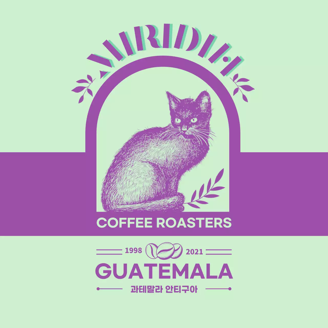 연두색과 보라색의 타이포 디자인이 돋보이는 커피 브랜드와 원두 안내3