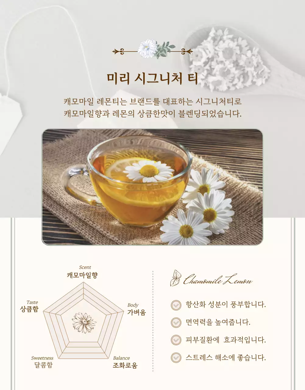 민트색의 꽃 일러스트 블렌딩 티 상세정보