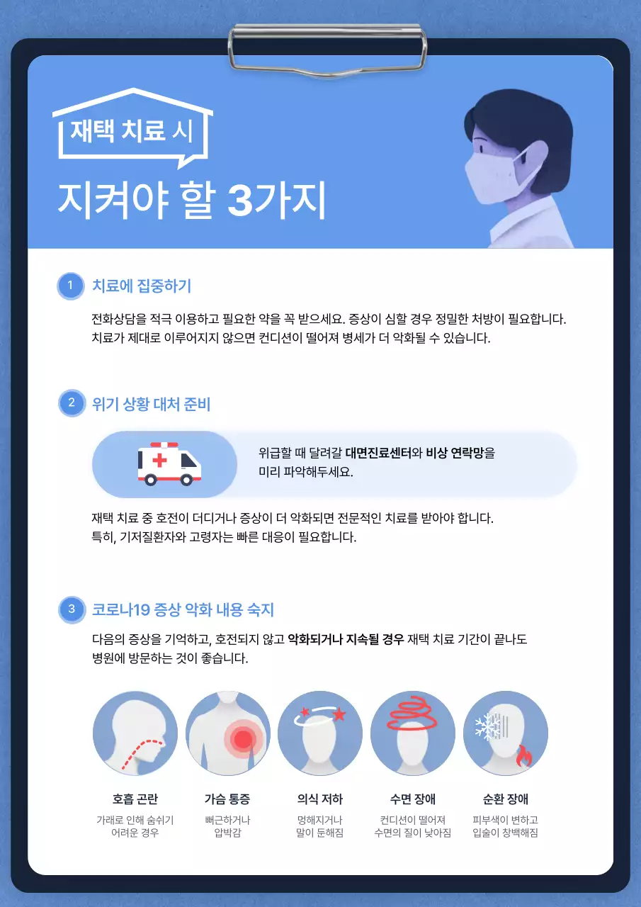 블루의 클립보드 컨셉의 재택치료 안내문