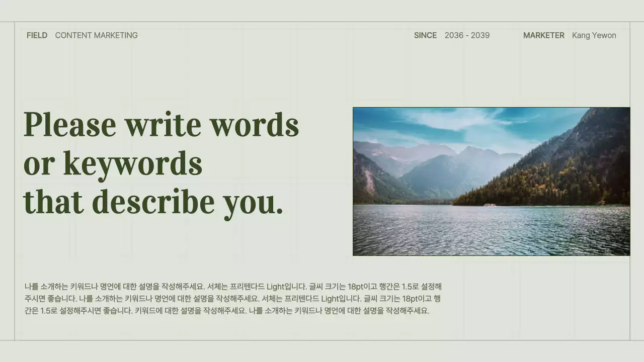 녹색의 심플한 그리드 컨셉의 콘텐츠 마케터 포트폴리오