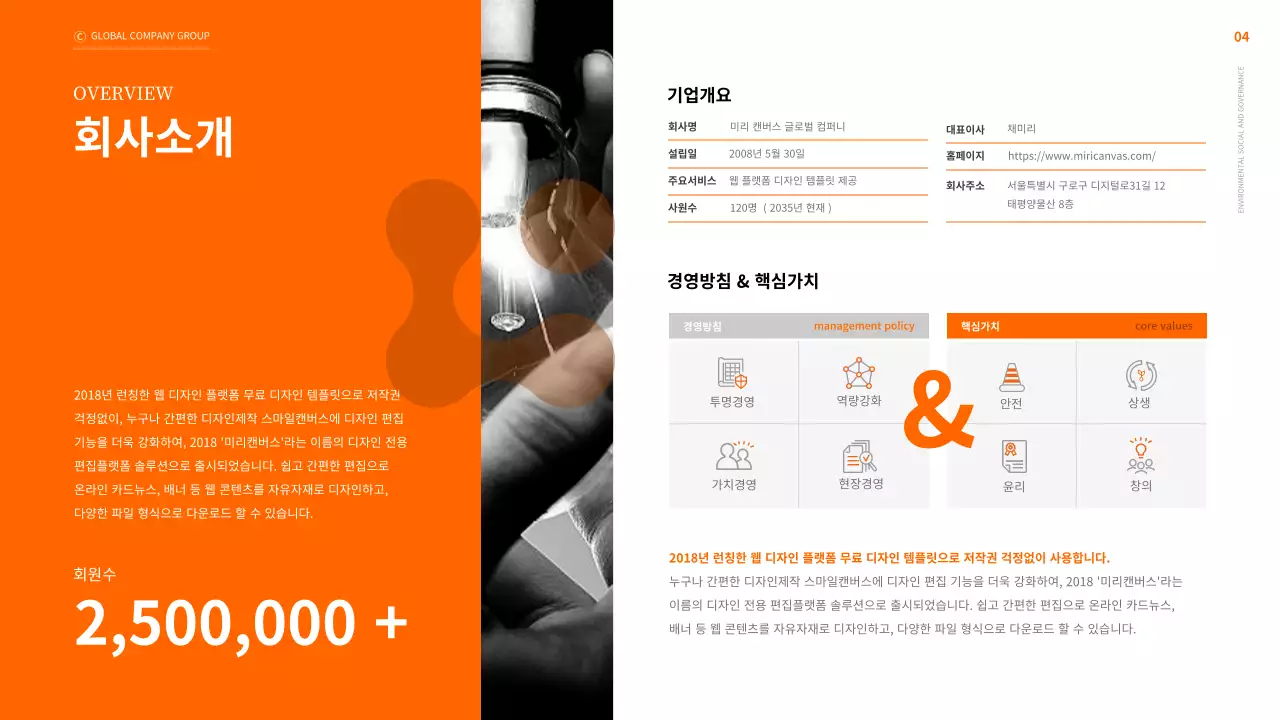 주황색의 비즈니스 ESG 지속 가능 경영 보고서
