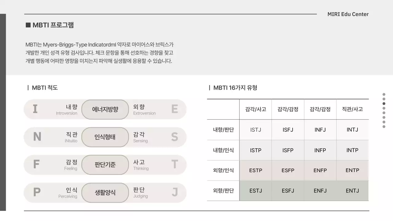 연한 베이지와 그린컬러의 기업 MBTI 강의 제안서