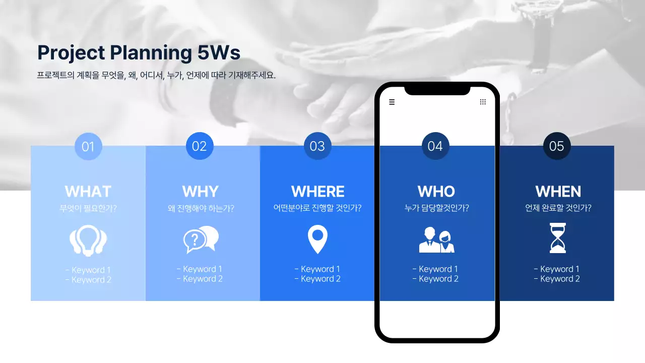파란색의 프로젝트 계획 5WS 인포그래픽