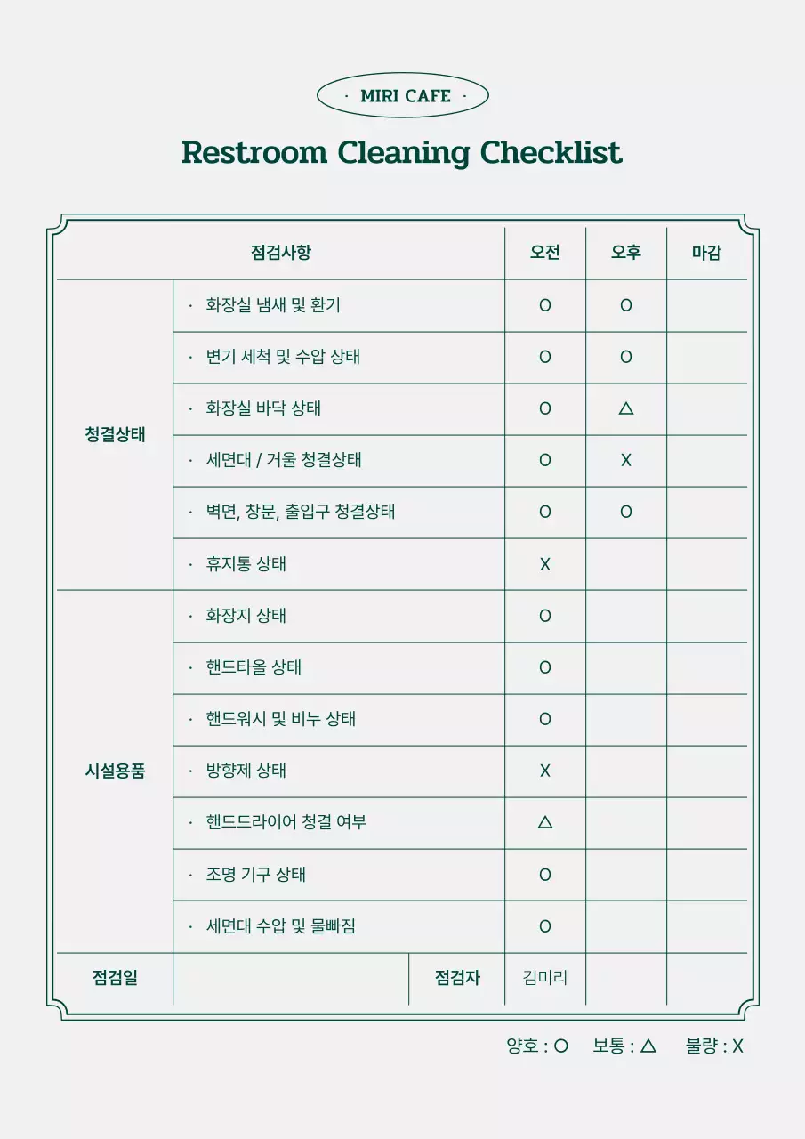 녹색과 회색의 화장실 위생 체크리스트